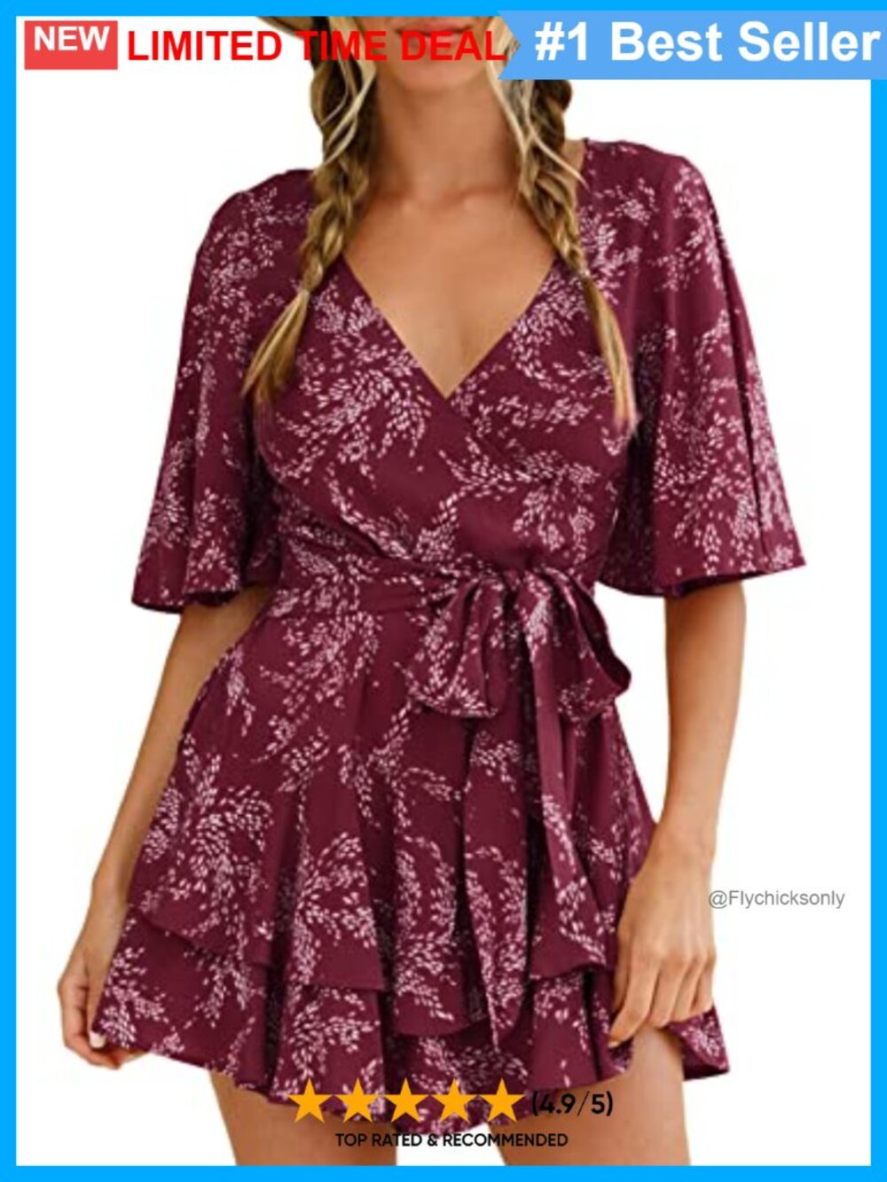 AIMCOO Women's Floral Print Romper V Neck Ruffle Hem Waist Tie Short Sleeve